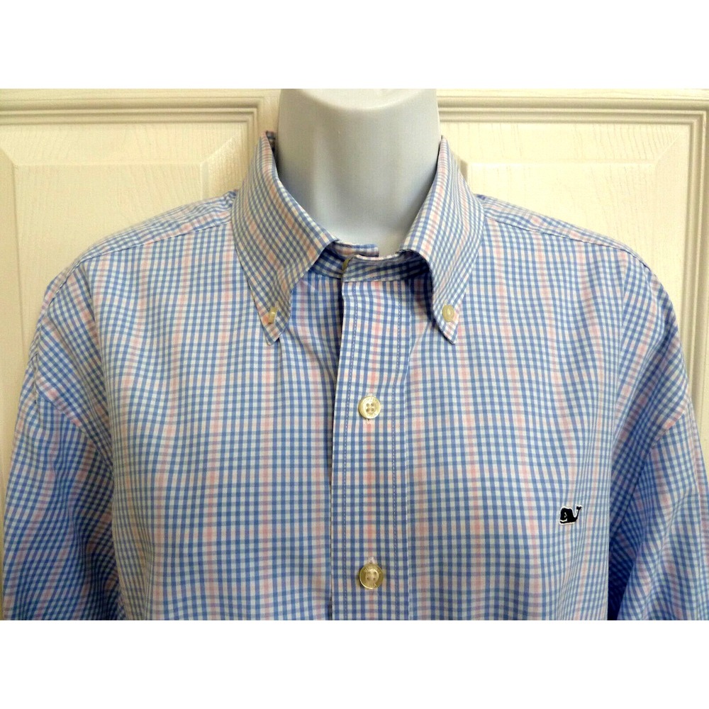 Vineyard Vines Mens Whale Shirt Blue Pink Plaid Button Down Medium Long Sleeve